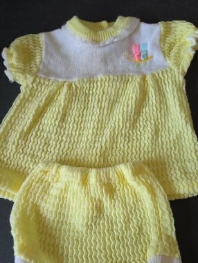 Vintage yellow Knit Baby Dress Set with White Yoke